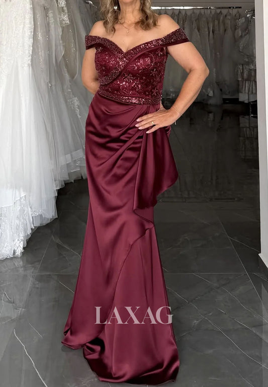 V-Neck Off-Shoulder Beaded Sequined Mermaid Prom Dress Pleated Satin Floor-Length Party Gowns