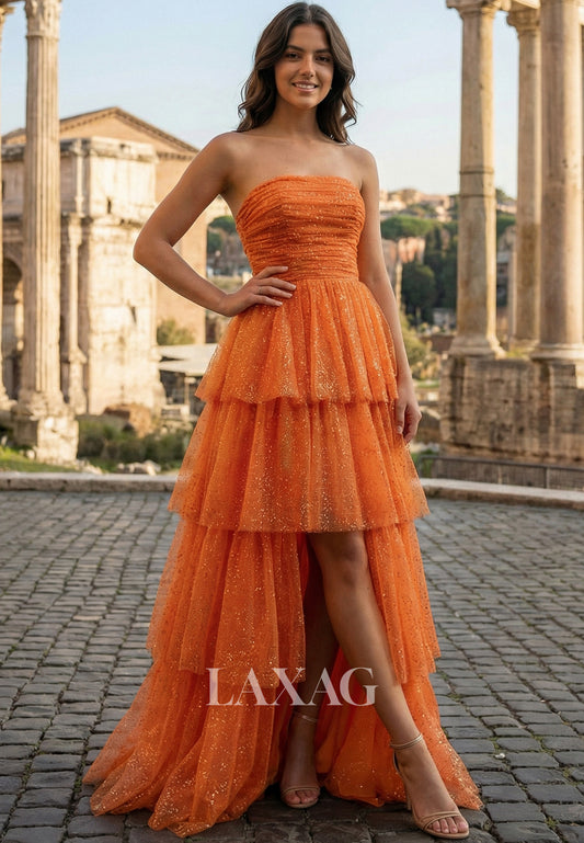 Tube Top Off-Shoulder Sleeveless Glitter-Knit Tulle Pleated Tiered A-Line Prom Dress with Slit