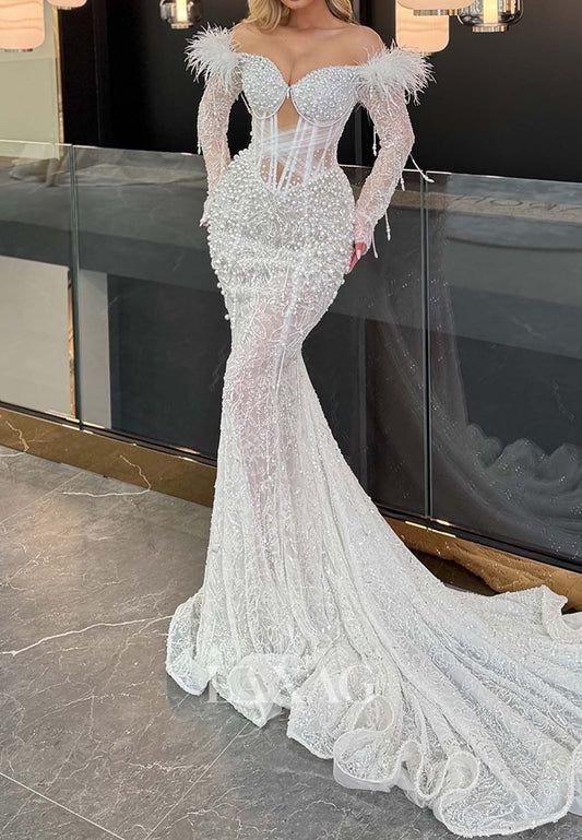 Sweetheart Long-Sleeves Fully Beaded Bride Gowns Allover Lace Pleated Mermaid Wedding Dress with Train