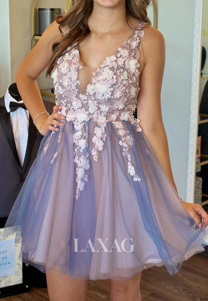 Deep V-Neck Straps Sleeveless Floral Embellished Pleated Tulle A-Line Party Homecoming Dress
