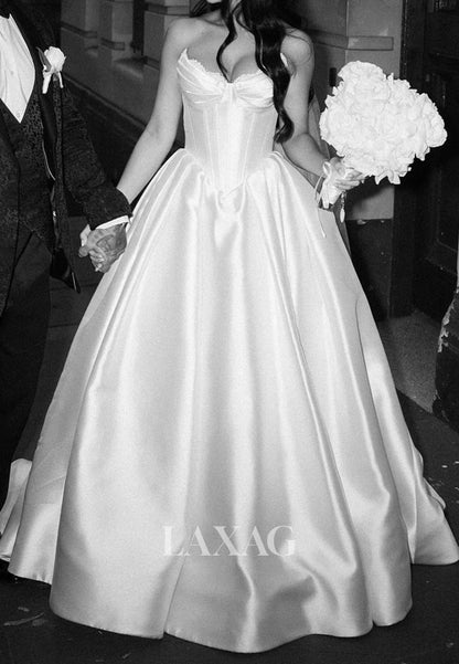 Simple Sweetheart Off-Shoulder Sleeveless Beaded Pleated Satin Long A-Line Wedding Dress