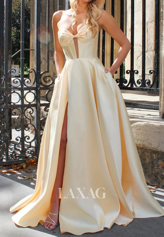 A-Line Sweetheart Off-Shoulder Sleeveless Satin Pleated High Slit Sweep Train Prom Dress