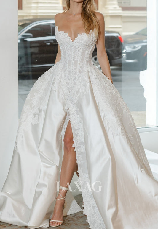 Sweetheart Sleeveless Beaded Lace Applique Satin A-Line Wedding Dress with High Slit