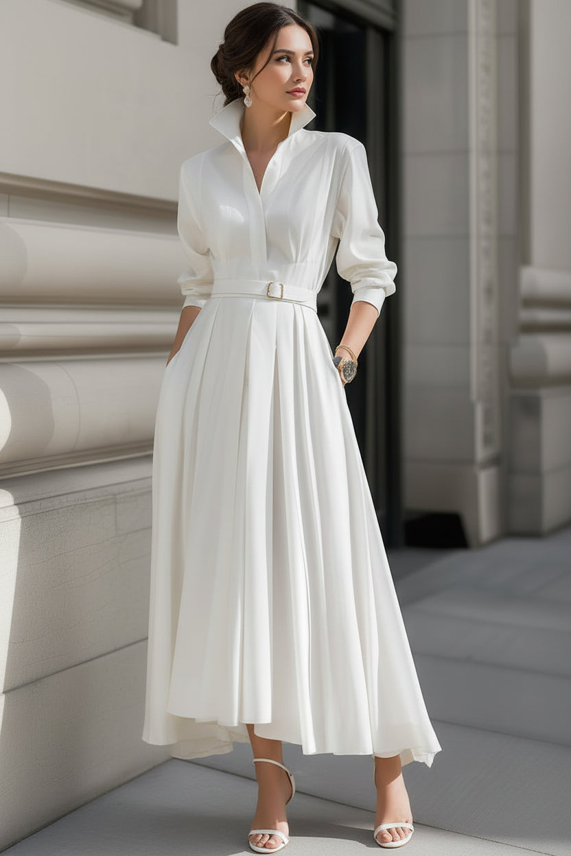 V-Neck Collared Long-Sleeves Ankle-Length Chiffon Pleated A-Line Wedding Guest Dress