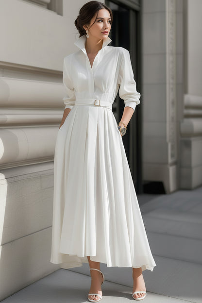 V-Neck Collared Long-Sleeves Ankle-Length Chiffon Pleated A-Line Wedding Guest Dress