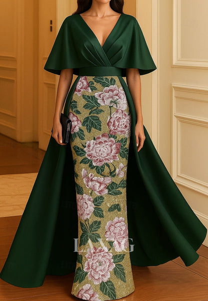 V-Neck Satin Pleated Formal Gowns Sequined Embroidered Mermaid Evening Dress with Overlay