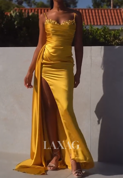 Sweetheart Spaghetti Straps Mermaid Prom Dress Sleeveless Beaded Satin Pleated Slit Party Gowns