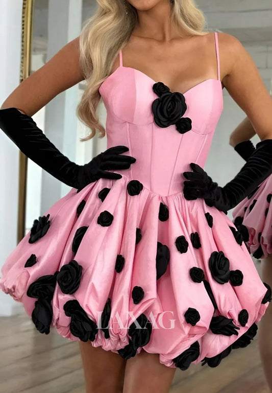 Sweetheart Spaghetti Straps Floral Embellished A-Line Party Homecoming Dress with Long-Gloves