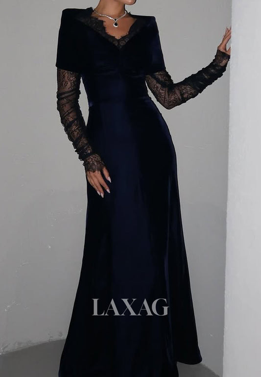 V-Neck Long-Sleeves Mermaid Evening Dress Floor-Length Pleated Satin&Lace Formal Gowns