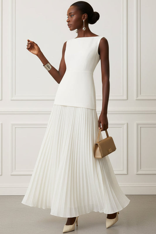 Scoop-Neck Sleeveless Ankle-Length Satin&Chiffon Pleated A-Line Evening Dress