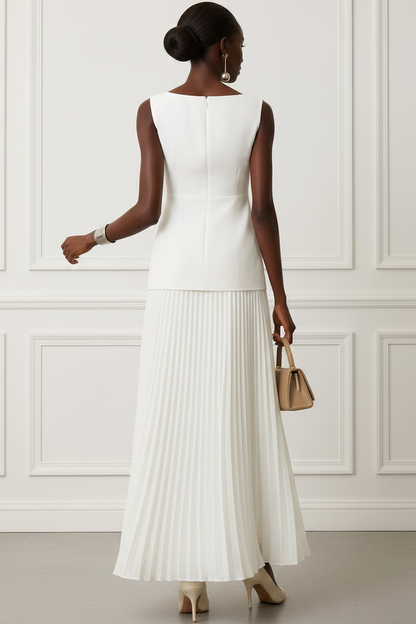 Scoop-Neck Sleeveless Ankle-Length Satin&Chiffon Pleated A-Line Evening Dress