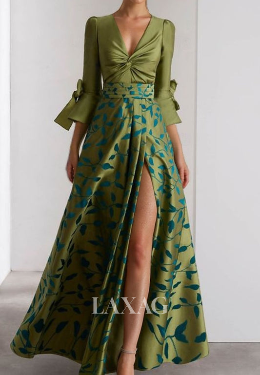 A-Line Long-Sleeves Floor-Length Evening Dress V-Neck Pleated Print-Satin High Slit Formal Gowns