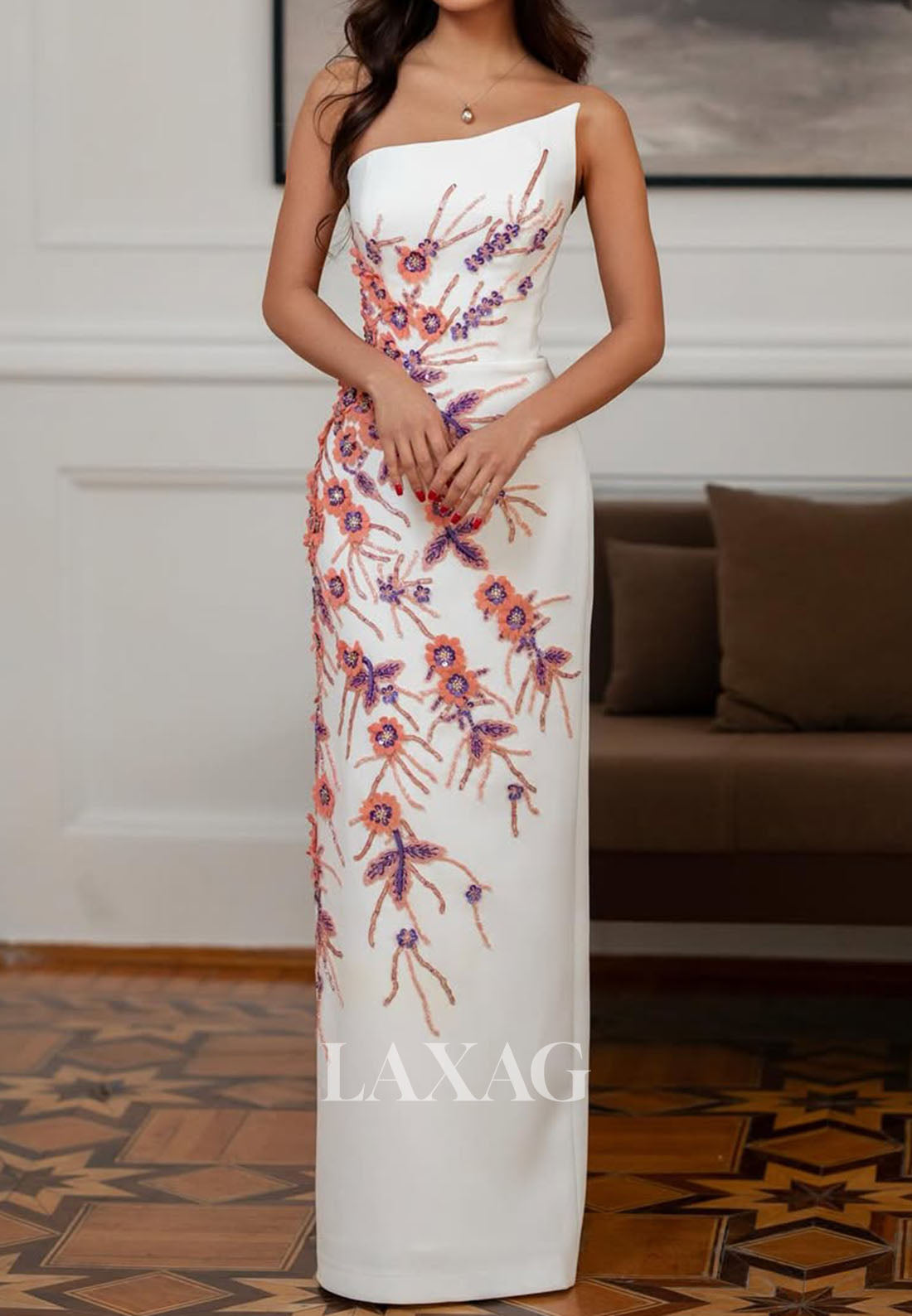 Asymmetrical-Neck Off-Shoulder Floor-Length Multi-Color Sequined Applique Mermaid Prom Dress