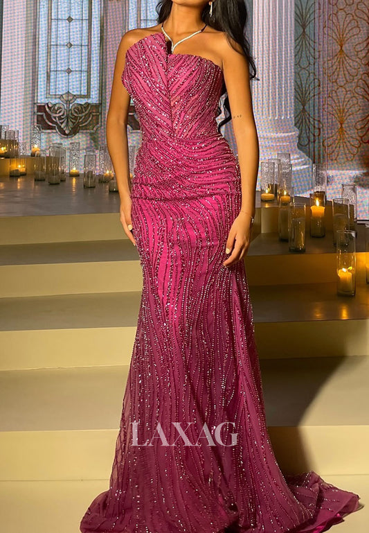 Off-Shoulder Asymmetrical-Neck Formal Gowns Fully Sequined Beaded Mermaid Evening Dress