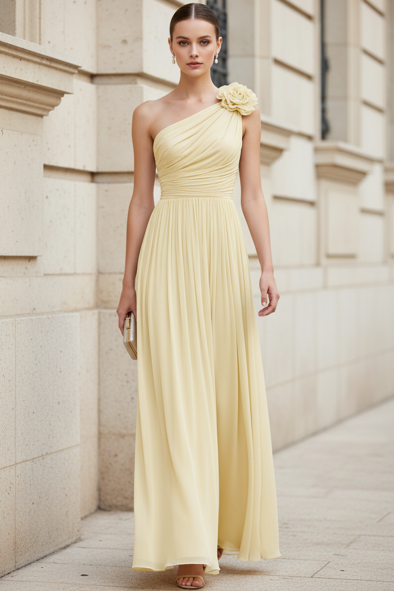 Asymmetrical-Neck Floor-Length 3D-Floral Chiffon Pleated A-Line Wedding Guest Dress