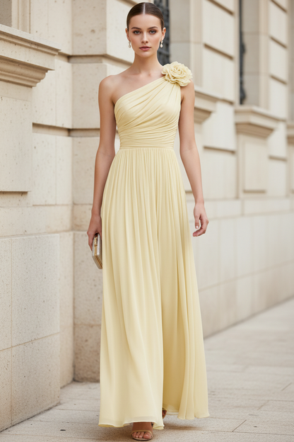 Asymmetrical-Neck Floor-Length 3D-Floral Chiffon Pleated A-Line Wedding Guest Dress