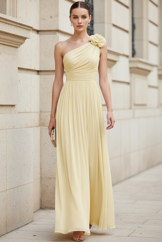 Asymmetrical-Neck Floor-Length 3D-Floral Chiffon Pleated A-Line Wedding Guest Dress