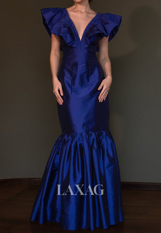 V-Neck Cap-Sleeves Pleated Satin Floor-Length Simple Trumpet Mermaid Evening Dress