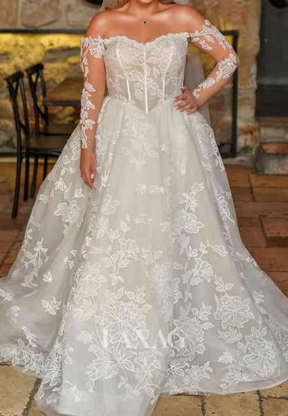 Sweetheart Allover Lace Sheer A-Line Wedding Dress Off-Shoulder Long-Sleeves Bride Gowns