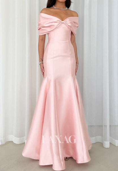 Bow-Sweetheart Pleated Satin Floor-Length Party Gowns Off-Shoulder Trumpet Mermaid Prom Dress