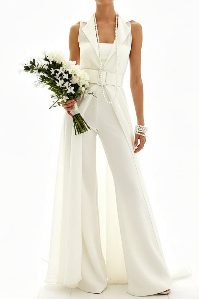 Deep V-Neck Collared Sleeveless Chiffon Pleated Jumpsuit Wedding Dress with Overskirt