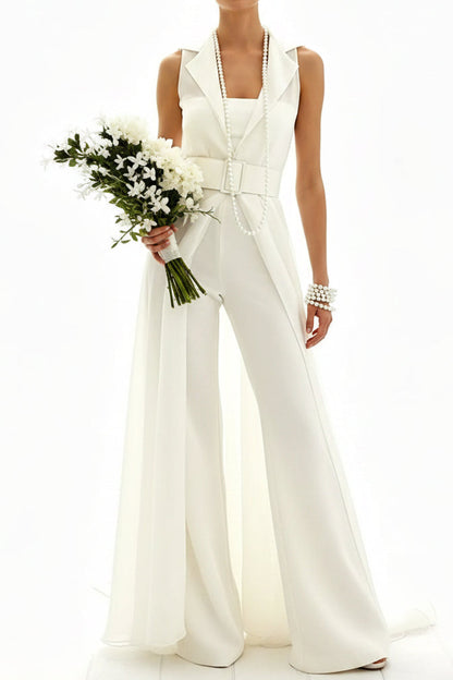 Deep V-Neck Collared Sleeveless Chiffon Pleated Jumpsuit Wedding Dress with Overskirt