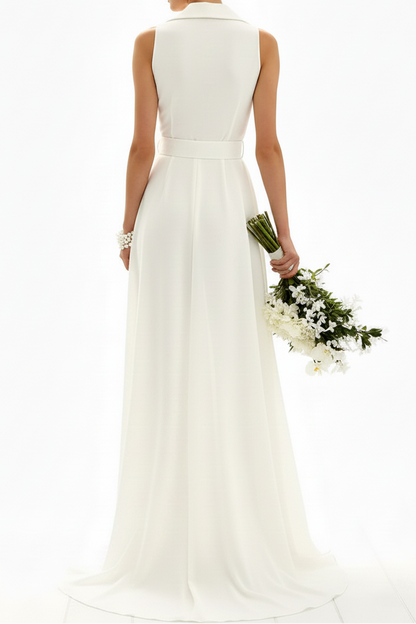 Deep V-Neck Collared Sleeveless Chiffon Pleated Jumpsuit Wedding Dress with Overskirt