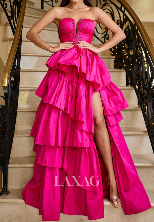 Tube Top Sleeveless Beaded Applique Satin Pleated Floor-Length Ruffled Tiered A-Line Evening Dress