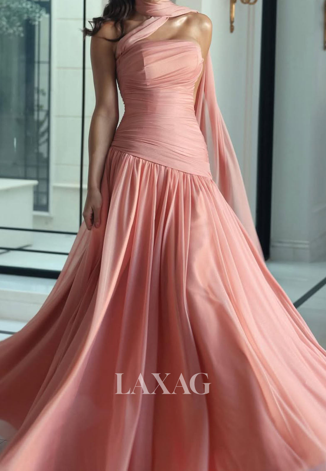 Tube Top Sleeveless A-Line Prom Dress Off-Shoulder Pleated Tulle Slit Party Gowns with Scarf