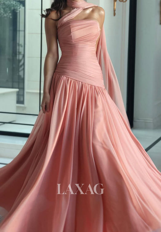 Tube Top Sleeveless A-Line Prom Dress Off-Shoulder Pleated Tulle Slit Party Gowns with Scarf