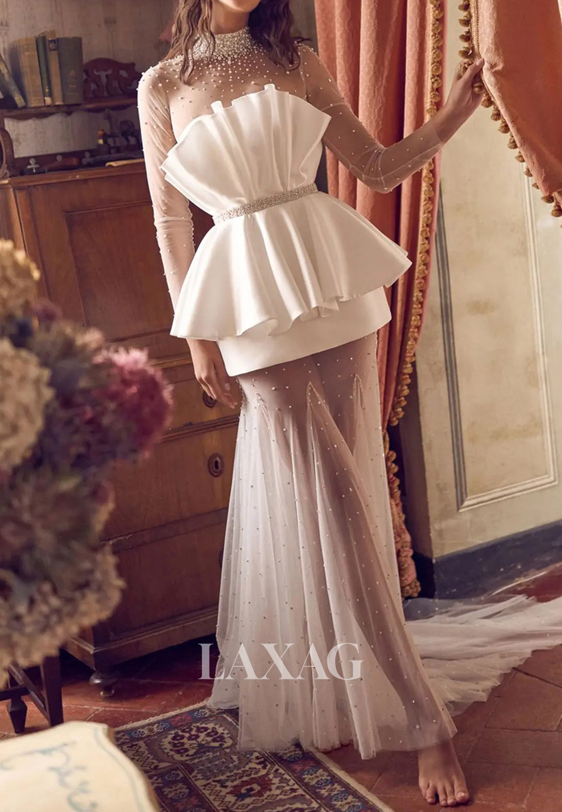 High-Neck Long-Sleeves Fully Beaded Satin&Tulle Pleated Mermaid Wedding Dress with Train