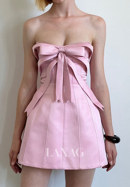 Simple Tube Top Off-Shoulder Sleeveless Satin A-Line Party Homecoming Dress with Bow