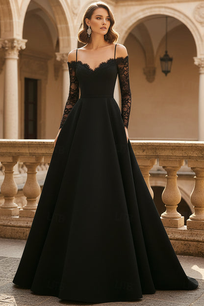 V-Neck Spaghetti Straps Long-Lace-Sleeves Satin Pleated Floor-Length A-Line Evening Dress