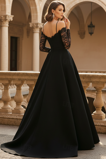 V-Neck Spaghetti Straps Long-Lace-Sleeves Satin Pleated Floor-Length A-Line Evening Dress
