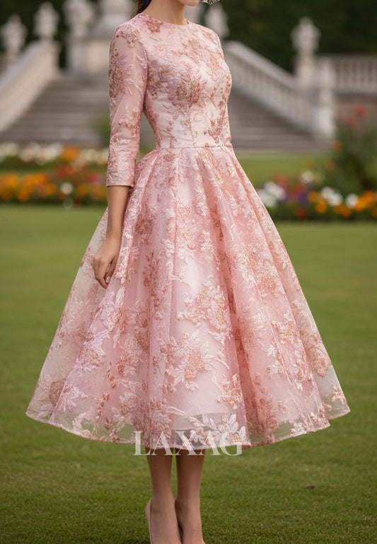 A-Line Scoop-Neck 3/4-Sleeves Jacquard Tulle&Satin Pleated Sheer Tea-Length Evening Dress