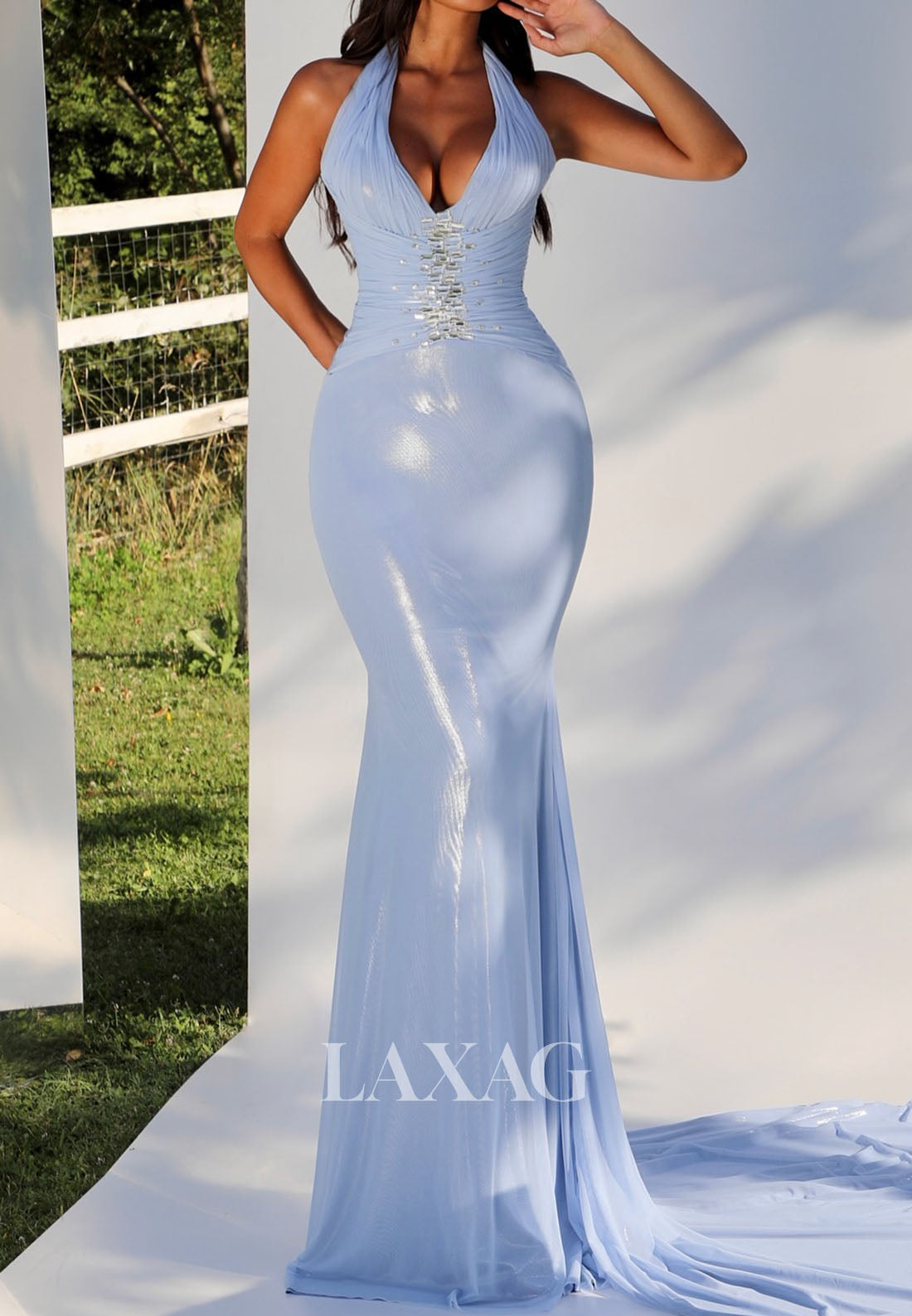 Halter-Neck Off-Shoulder Rhinestone Beaded Pleated Metallic-Satin Mermaid Evening Dress with Train
