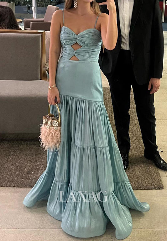 Sweetheart Spaghetti Straps Sleeveless Satin Pleated Floor-Length A-Line Party Prom Dress