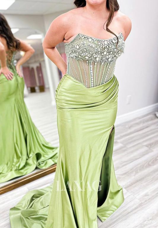 Scoop-Neck Sleeveless Slit Mermaid Prom Dress Off-Shoulder Rhinestone Beaded Party Gowns