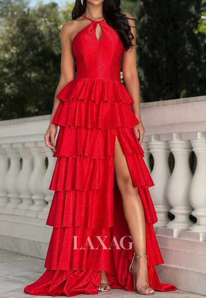 Halter-Neck Satin Pleated Tiered A-Line Prom Dress Off-Shoulder Fully Beaded High Slit Party Gowns