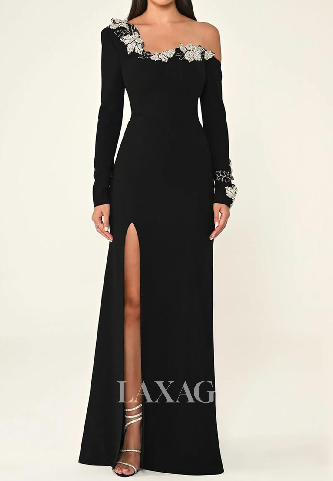 Asymmetrical-Neck Satin Mermaid Evening Dress Long-Sleeves Beaded Floral Formal Gowns
