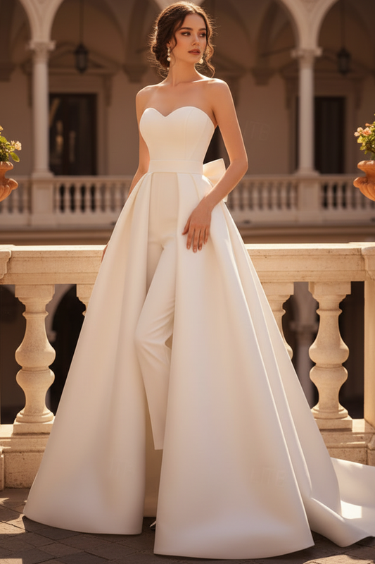 Sweetheart Sleeveless Satin Pleated Floor-Length A-Line Jumpsuit Evening Dress with Overskirt