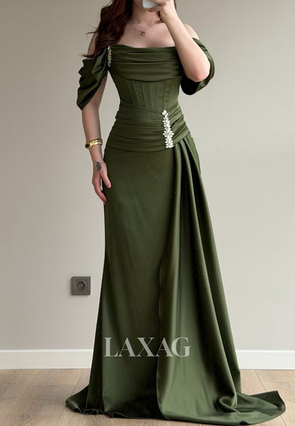 Bateau-Neck Sleeveless Rhinestone Satin Pleated Mermaid Prom Dress with Sweep Train
