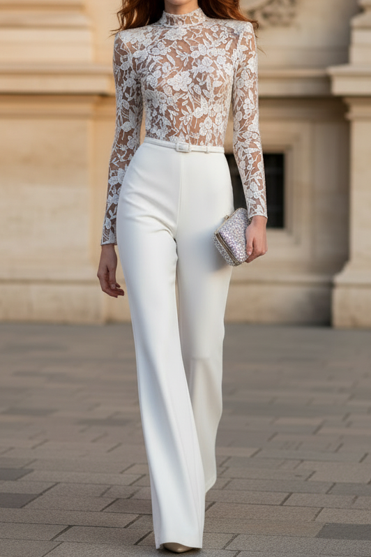 High-Neck Long-Sleeves Lace Applique Tulle&Satin Pleated Jumpsuit Wedding Dress