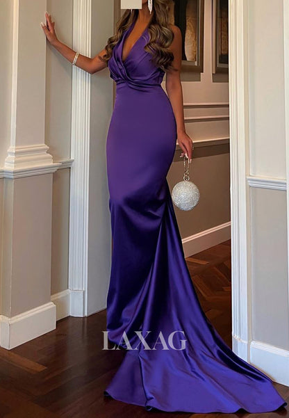 Halter V-Neck Sleeveless Formal Gowns Off-Shoulder Pleated Satin Mermaid Evening Dress