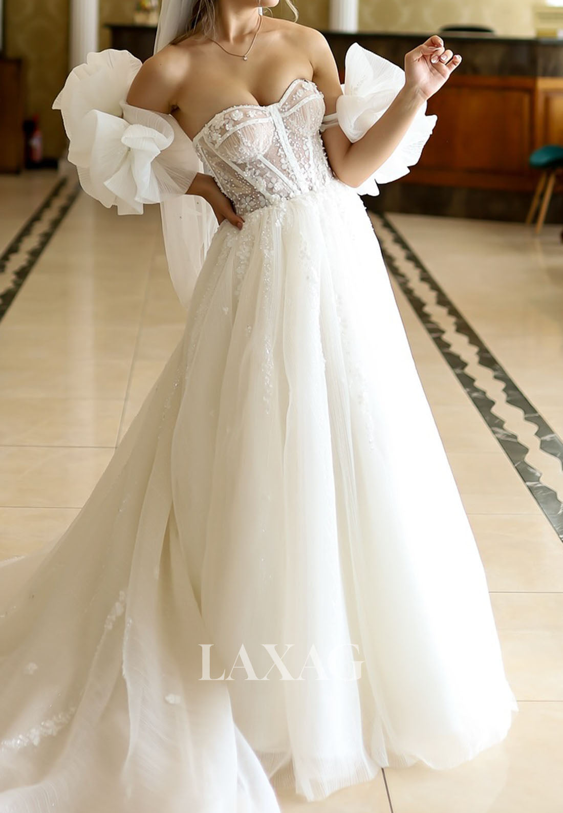 A-Line Sweetheart Pleated Tulle Wedding Dress Short-Puff-Sleeves Sequined Beaded Bride Gowns