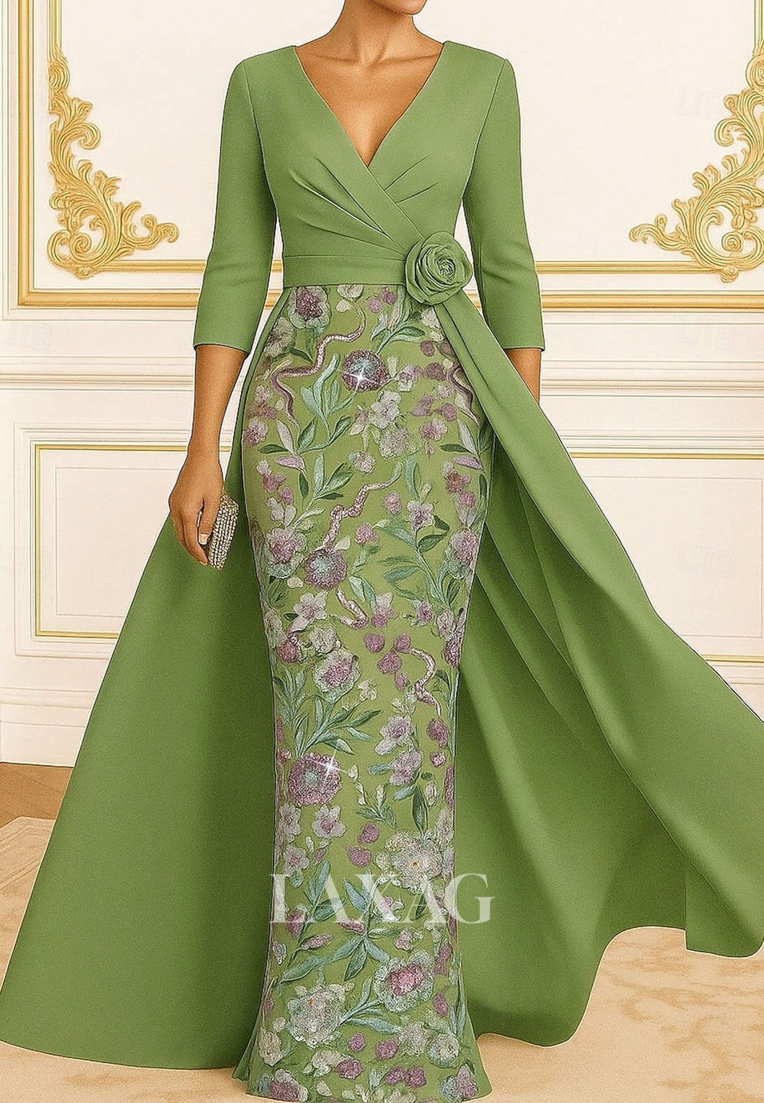 3/4-Sleeves Floor-Length Mermaid Evening Dress V-Neck Sequined Applique Satin Pleated Formal Gowns