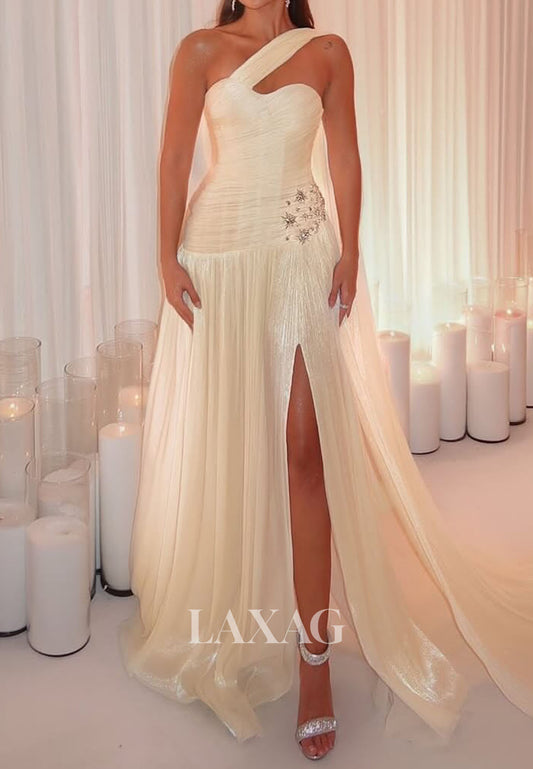 One-Strap Sweetheart Beaded Formal Gowns Sleeveless Pleated Tulle A-Line Evening Dress