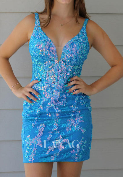 Deep V-Neck Spaghetti Straps Sleeveless Fully Sequined Applique Mermaid Homecoming Dress