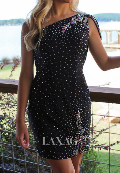 Asymmetrical-Neck Sleeveless Fully Beaded Satin Short Mermaid Party Homecoming Dress