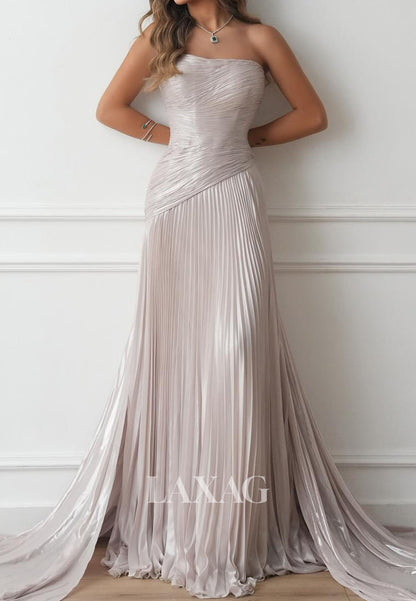 Tube Top Off-Shoulder Sleeveless Pleated Metallic-Chiffon Simple Mermaid Prom Dress with Train